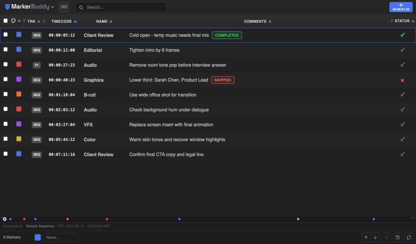 MarkerBuddy dashboard showing markers, timecodes, and post-production notes